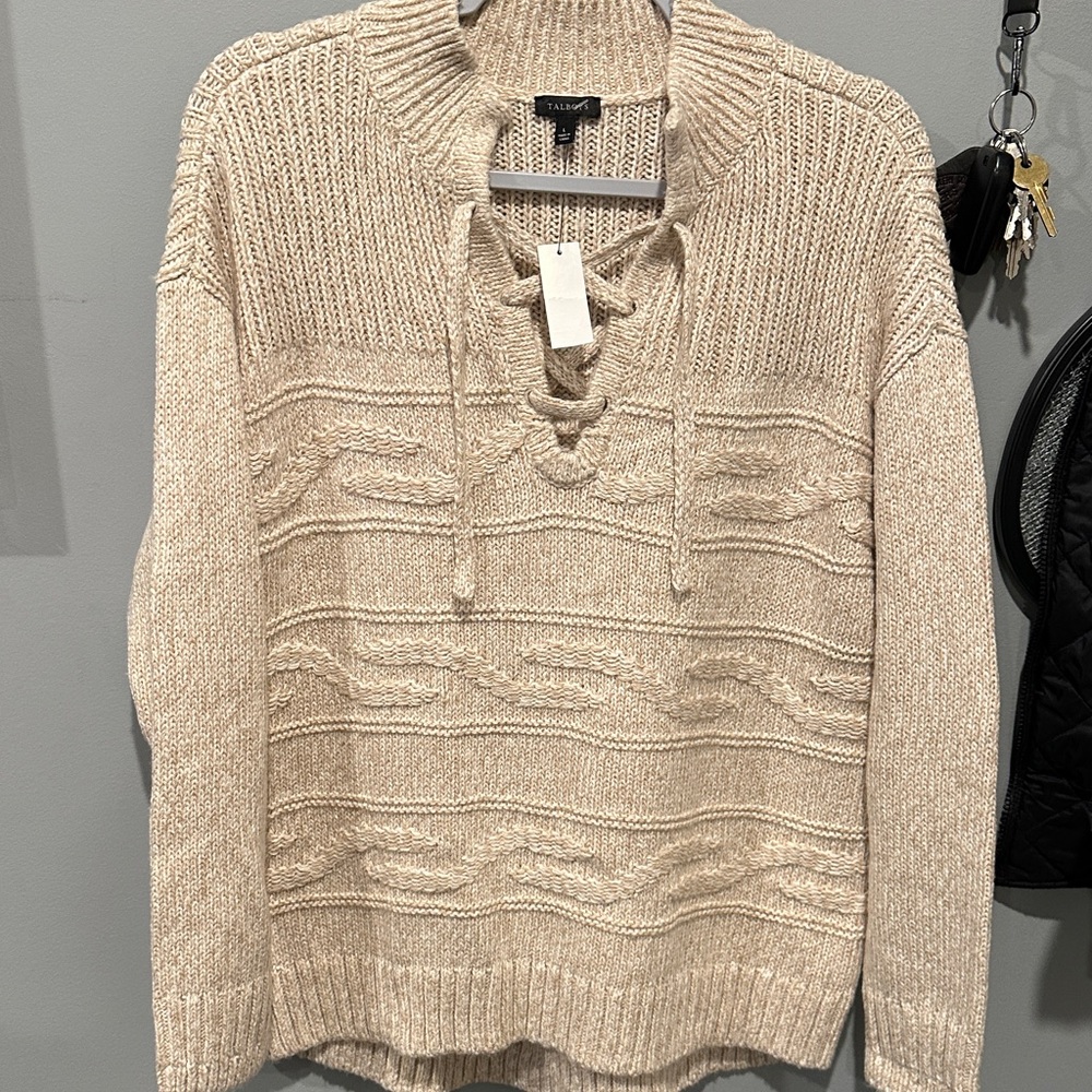 Talbots Beige Knit Sweater with Lace-Up Detail